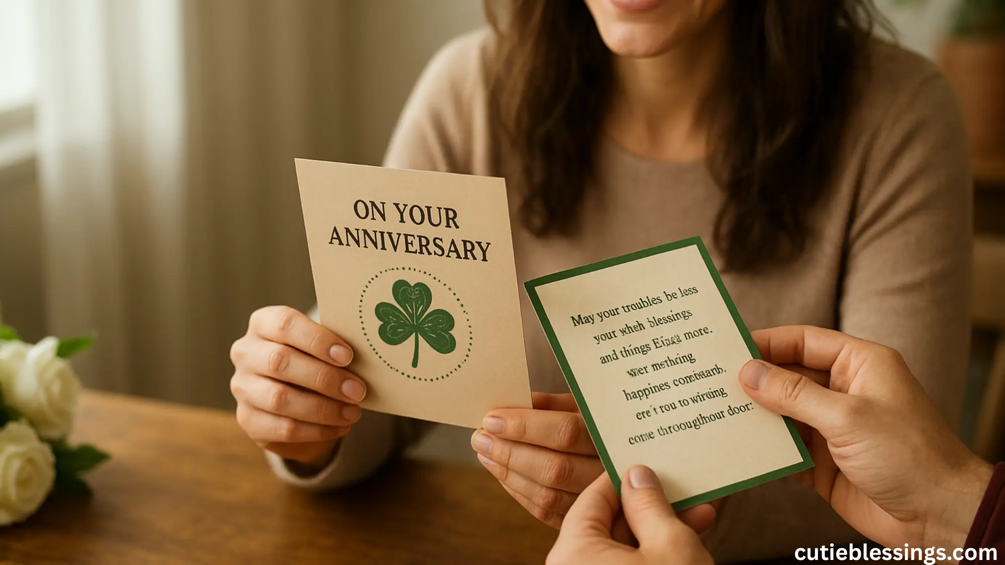 Couple exchanging anniversary cards with heartfelt Irish blessings