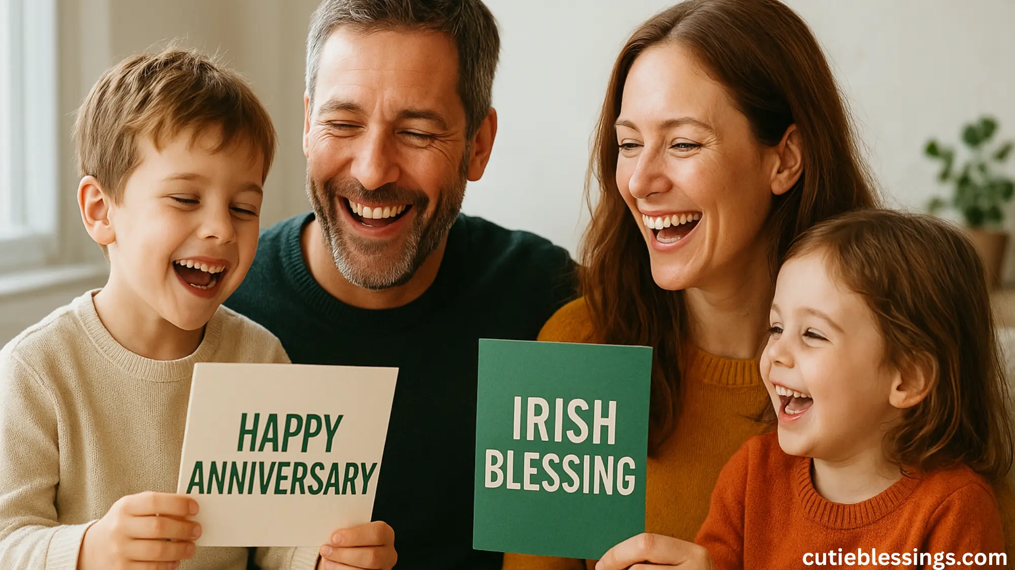 Family enjoying anniversary celebration with Irish blessings and laughter