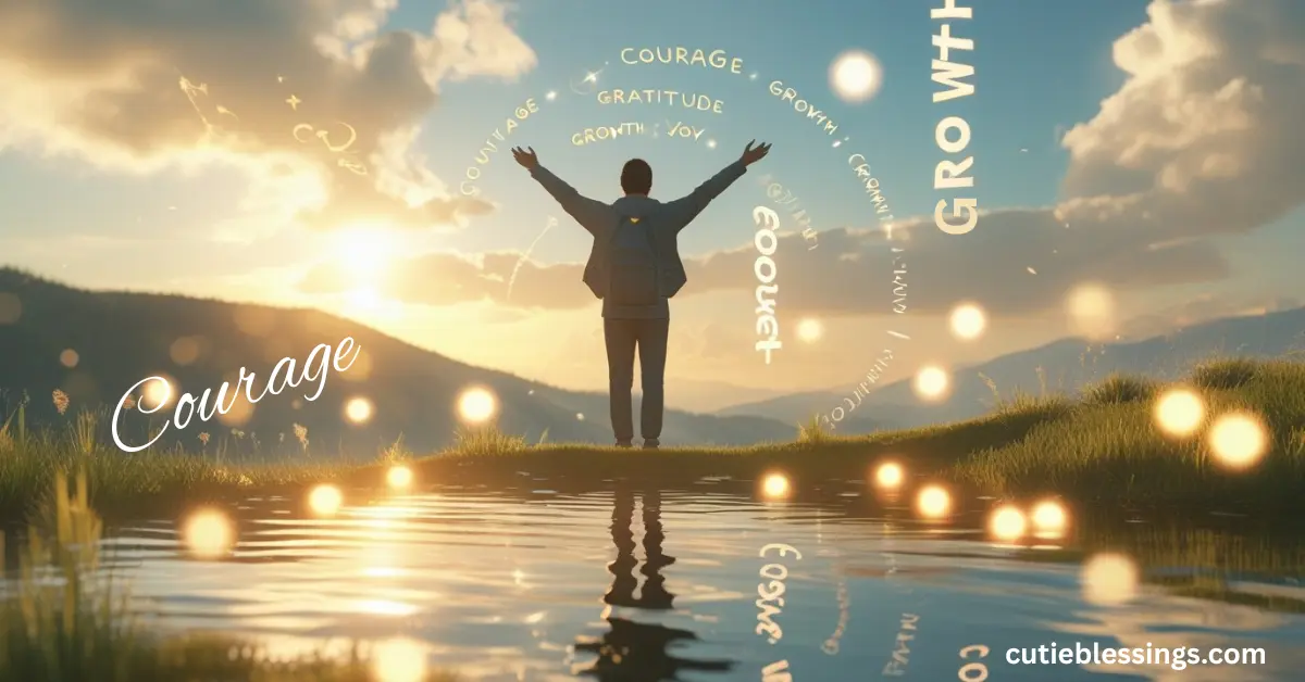 Person standing on a hilltop with arms open, surrounded by glowing words of blessings like ‘Courage’ and ‘Gratitude’, symbolizing motivation and inspiration.