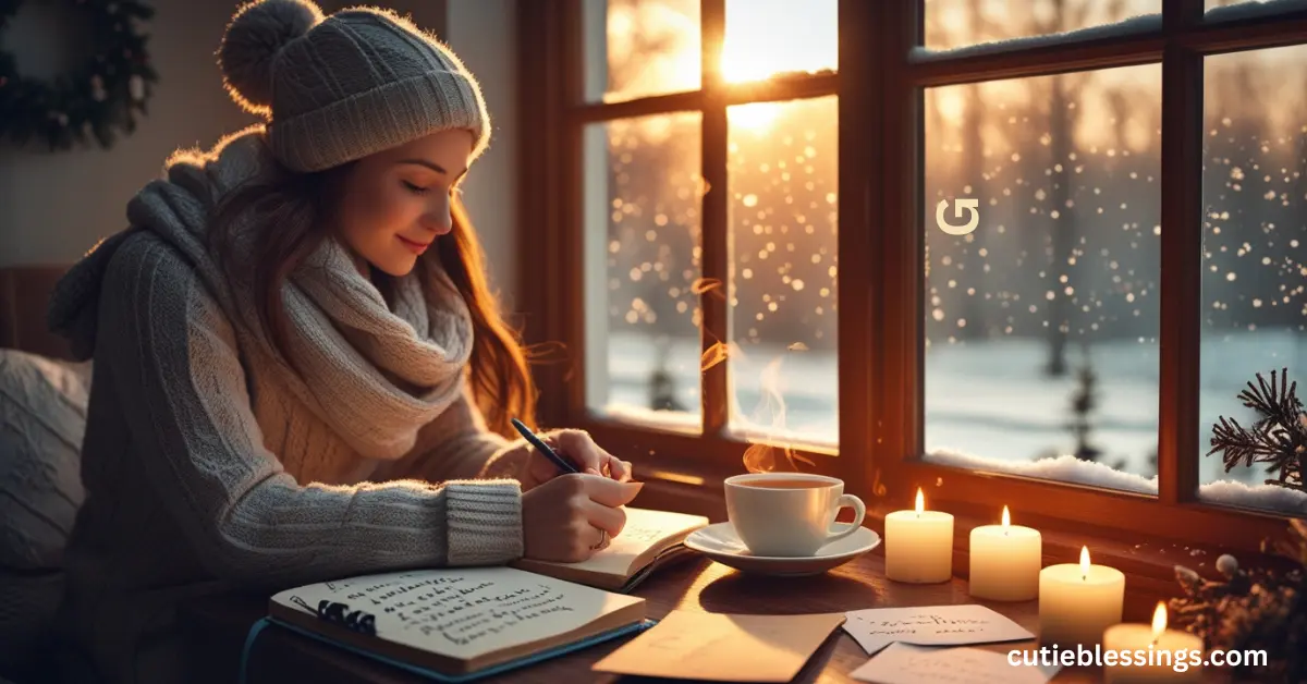Person writing December blessings in a cozy winter setting by the window with snow falling outside, candles, and tea, symbolizing reflection and gratitude.