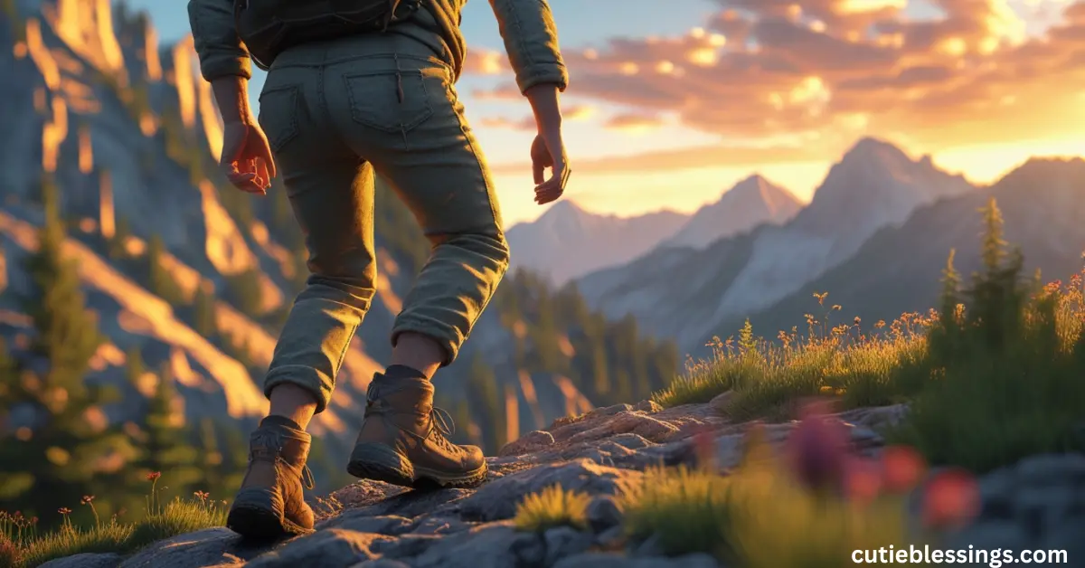 Person climbing mountain trail at sunrise symbolizing motivation and strength