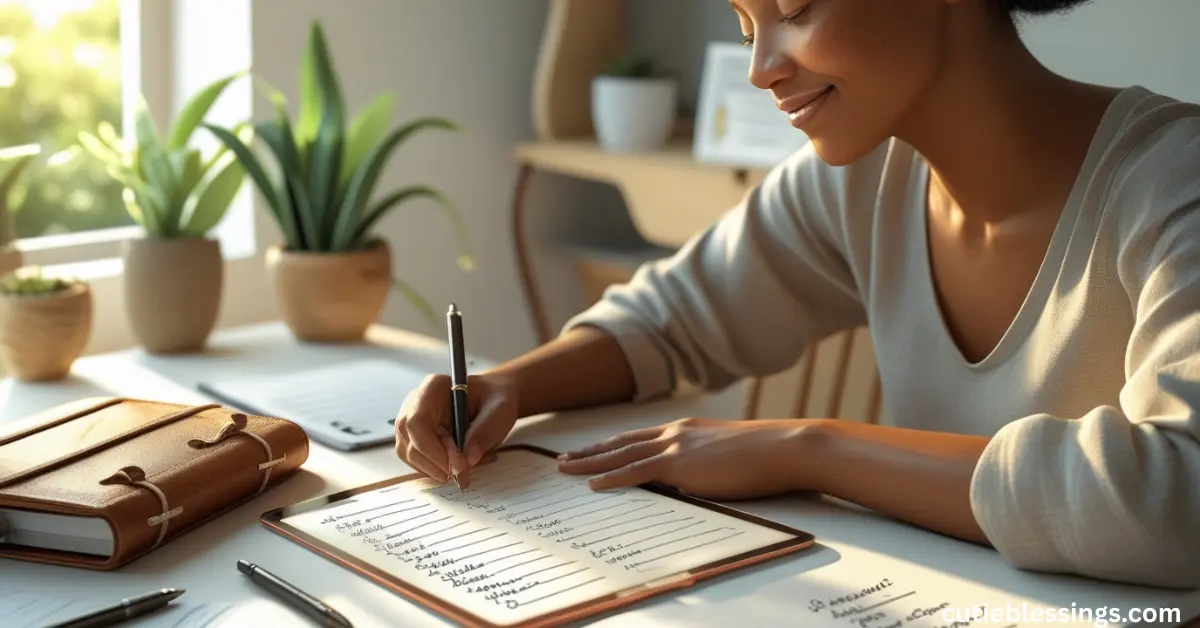 A person creating a prayer list in a journal at a bright, organized workspace.