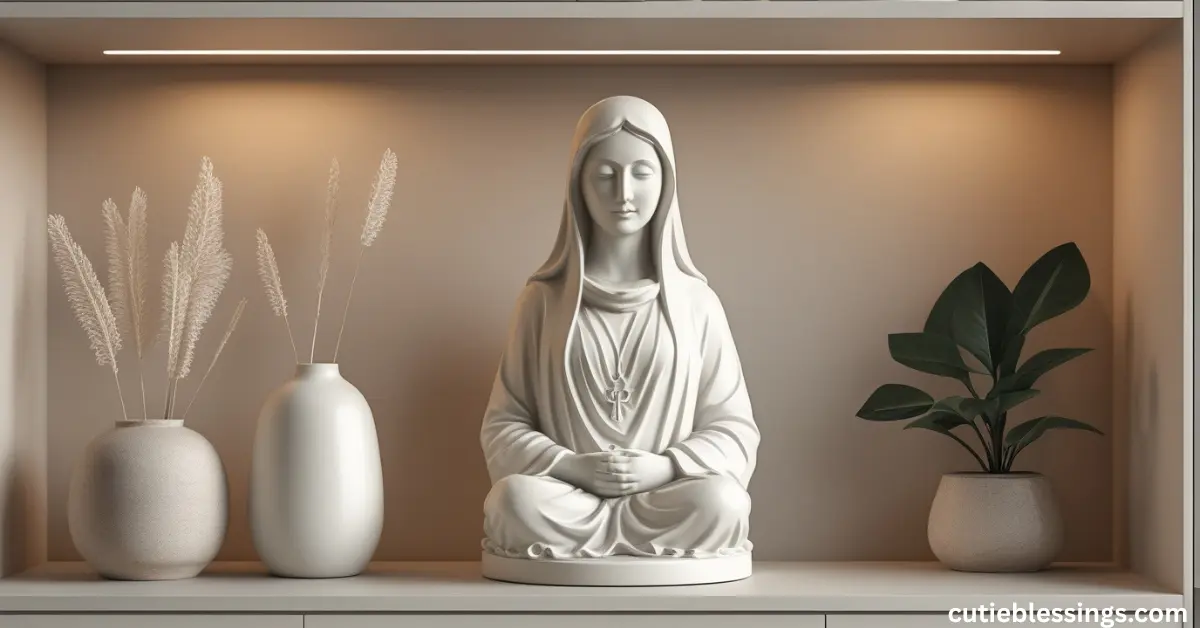 Serene mother statue on a living room shelf, modern home interior