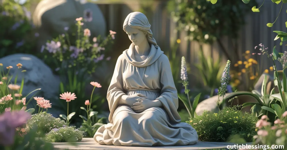 Mother statue placed in a tranquil garden surrounded by flowers and greenery