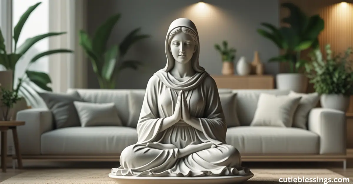 Minimalist living room with a neutral mother statue as centerpiece décor