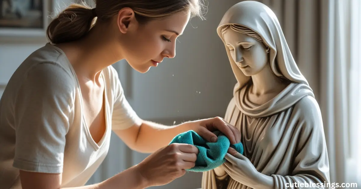 Close-up of delicate mother statue being gently cleaned with a soft cloth
