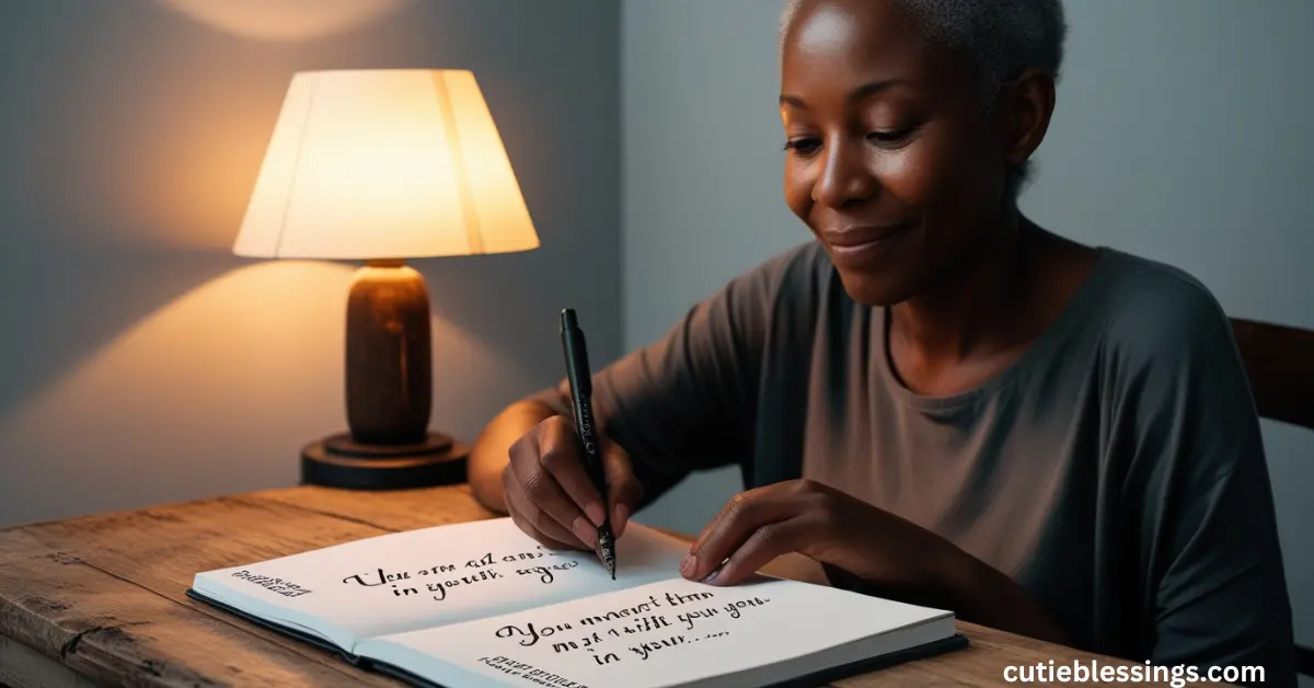 Person writing positive declarations in a calm and minimalist setting.