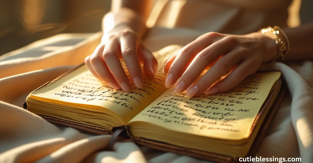 Hands holding a journal while speaking positive affirmations aloud.