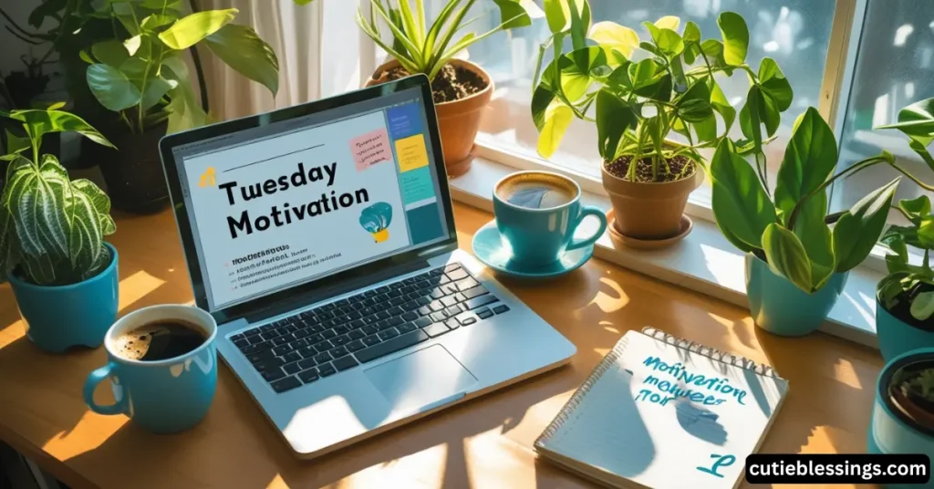 Productive workspace with laptop, coffee, notebook, and sunlight to inspire focus and positive energy.