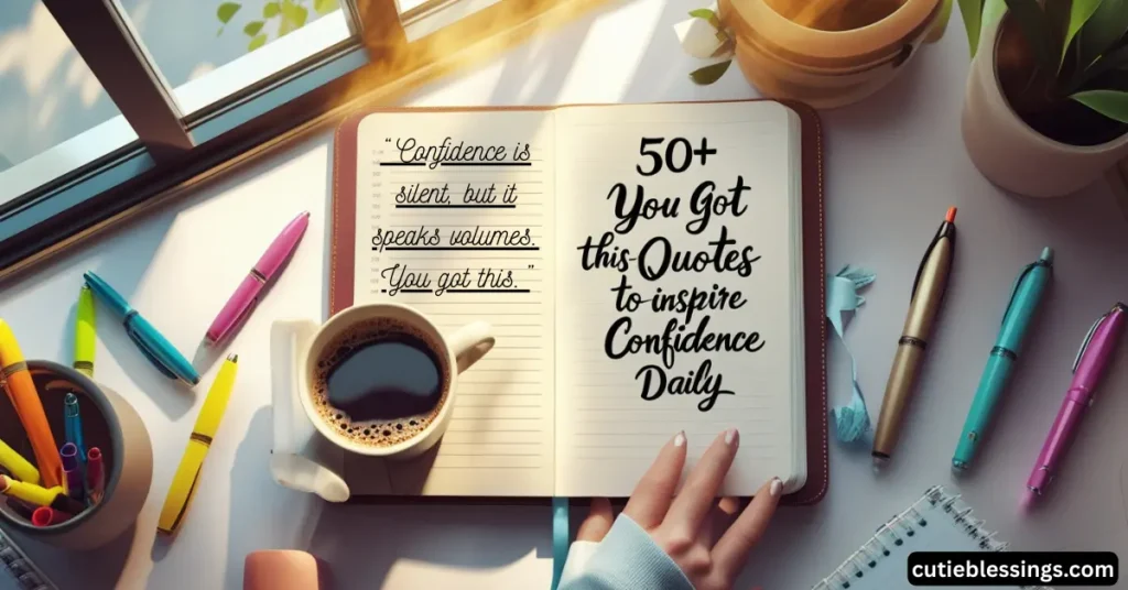 Open notebook displaying “50+ You Got This Quotes to Inspire Confidence Daily” on a cozy workspace with coffee and colorful pens, symbolizing motivation and positive mindset.
