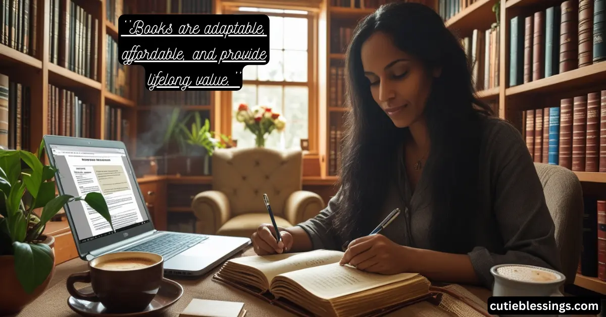 Person using books practically for learning and productivity in an organized home environment.