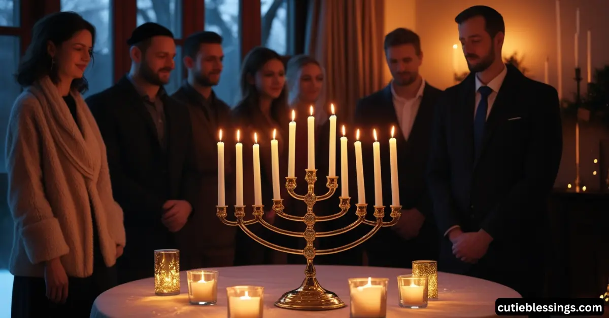Guests standing near a glowing menorah after Hanukkah blessings, creating a calm and meaningful holiday atmosphere