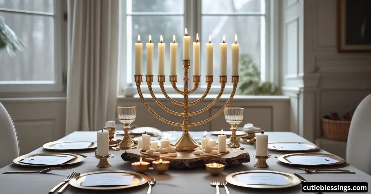 Well-prepared Hanukkah candle lighting setup with menorah, prayer cards, and candles arranged for the blessing ceremony