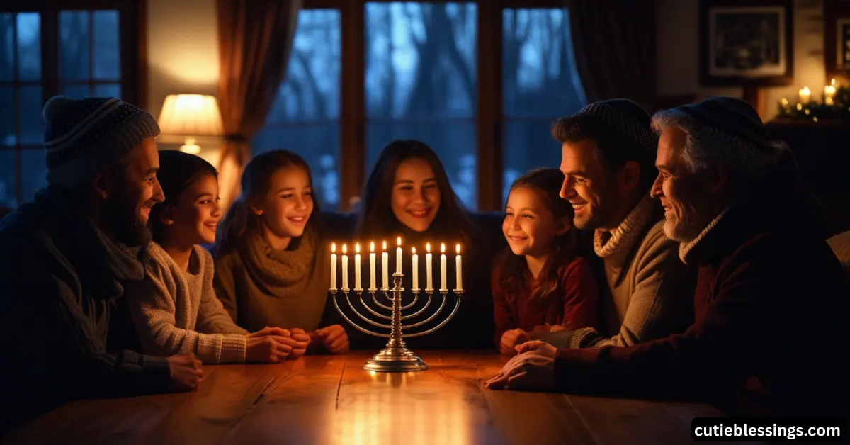 Family gathered around a lit menorah at home, symbolizing the meaning and spiritual power of Hanukkah blessings