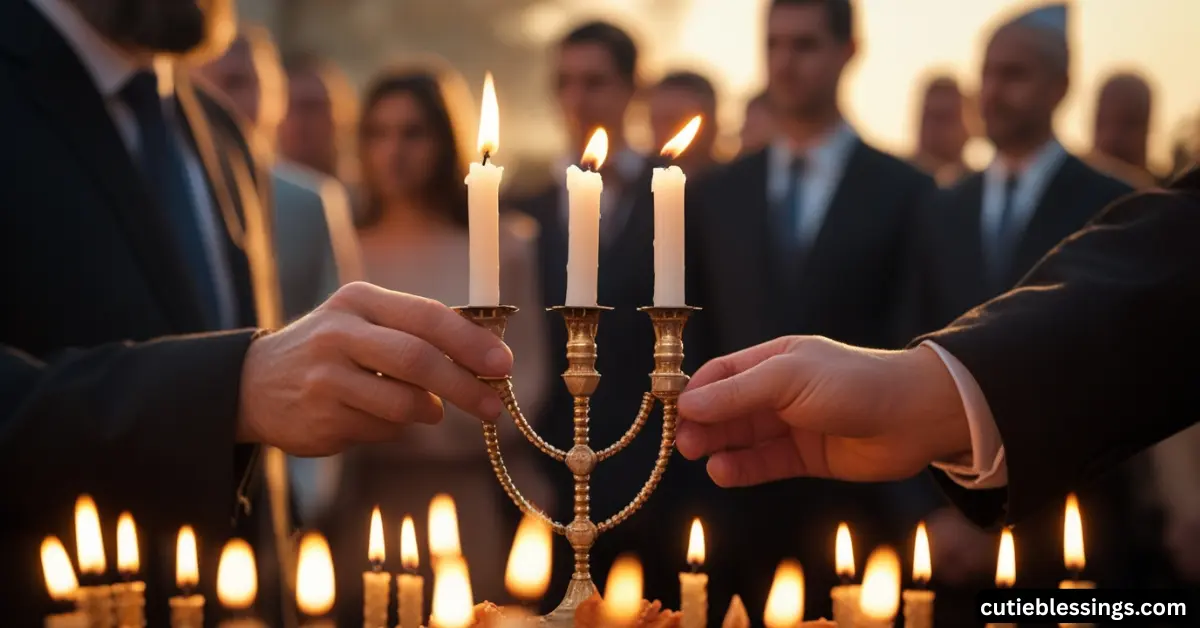 Hands lighting a menorah with the shamash while reciting traditional Hanukkah blessings at home
