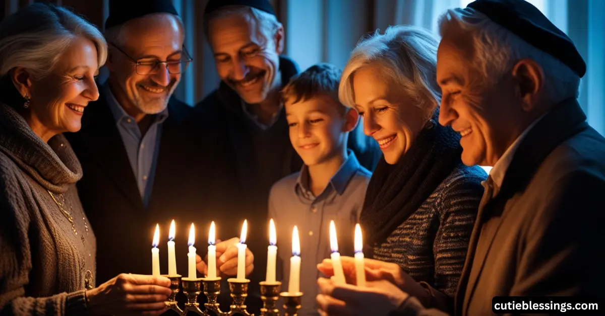 Family celebrating the first night of Hanukkah by lighting candles and reciting the Shehecheyanu blessing together