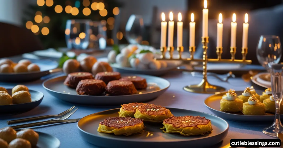 Traditional Hanukkah foods served at the table with a lit menorah, connecting candle blessings to the holiday meal
