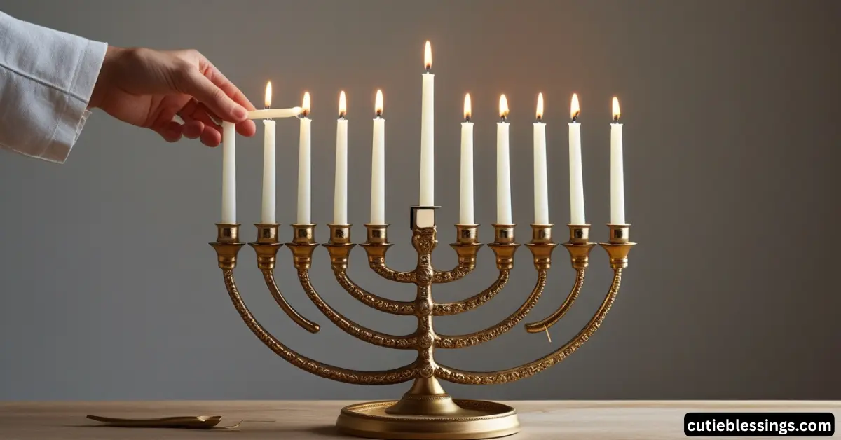 Menorah showing the correct order of Hanukkah candle placement and lighting using the shamash