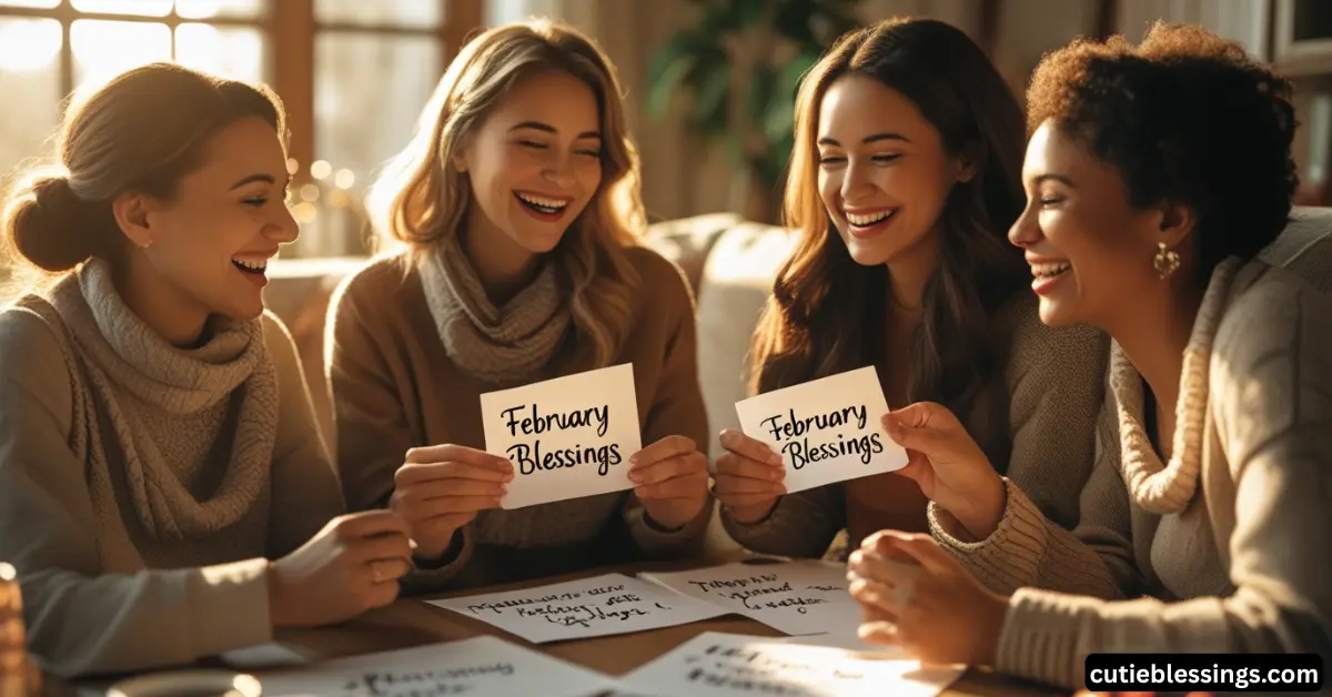 Friends exchanging handwritten February blessings notes, inspirational quote for love and connection.