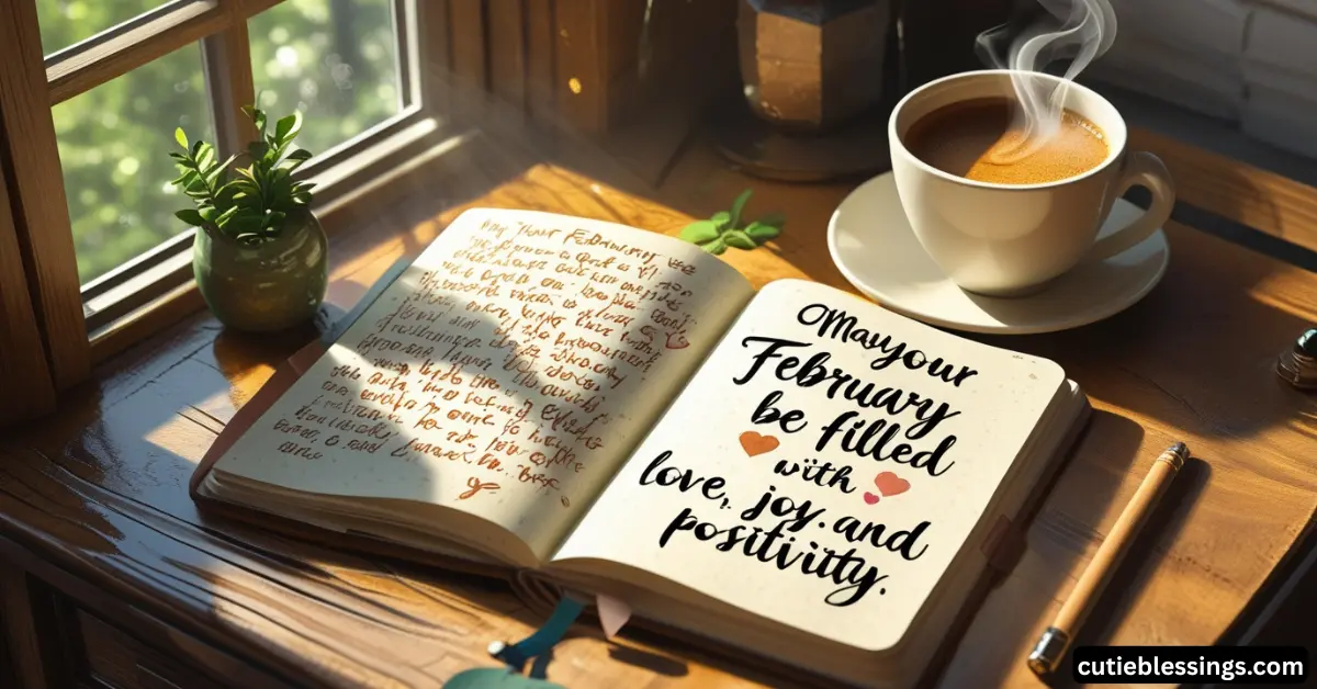 Heartfelt February blessings handwritten in a journal on a cozy desk, inspirational quotes for positivity