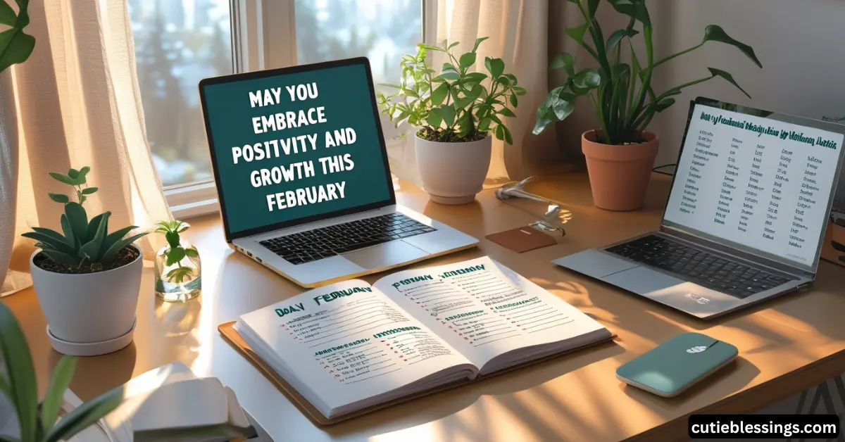 Daily February affirmations written in a journal on a home desk, inspirational quote for personal growth and mindfulness