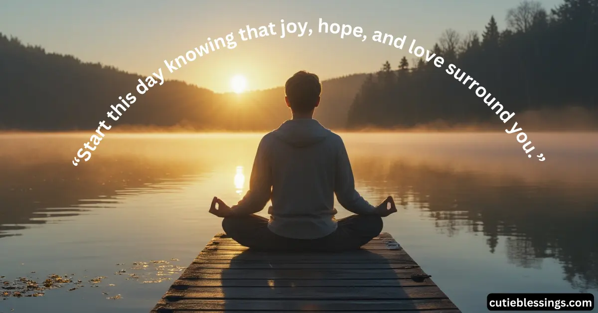 Morning reflection scene by a lake with inspirational February blessing quote, meditation and mindfulness theme
