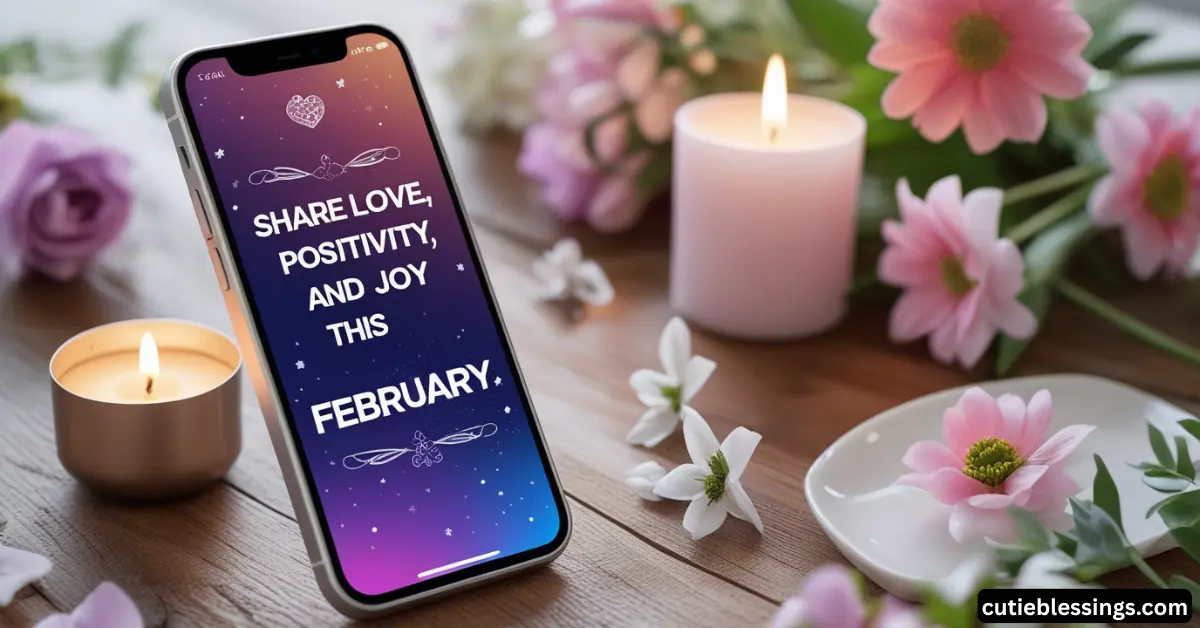 Smartphone displaying short February blessing quote, social media ready inspirational message