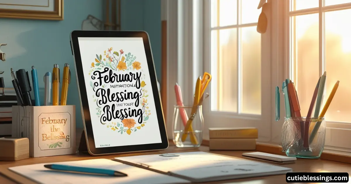 Framed February blessing quote and digital card on a desk, creative ways to share inspirational quotes